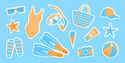 Set of summer beach items in blue and orange colors. Summer stickers Stock Illustration