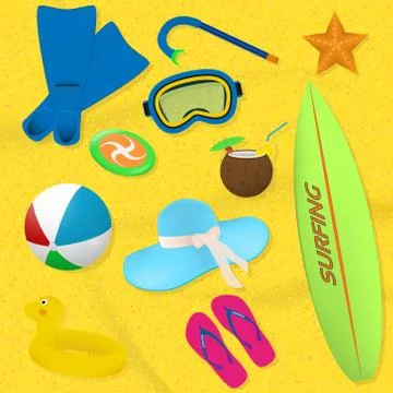 Set of summer beach items. Diving, surfing and vacation items located on a sa Stock Illustration