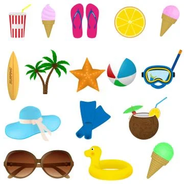 Set of summer beach items. Diving, surfing and vacation items located on a wh Stock Illustration
