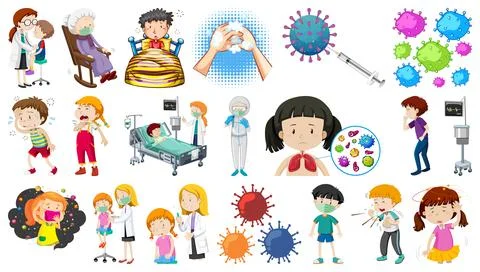 Set of summer beach objects and cartoon characters Stock Illustration