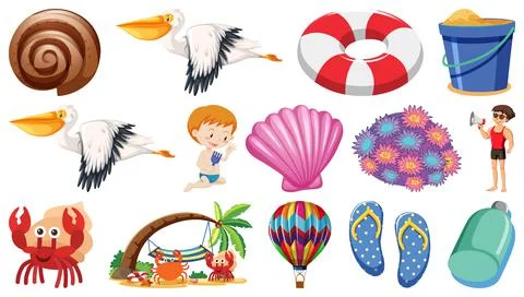 Set of summer beach objects and cartoon characters Illustrazione stock