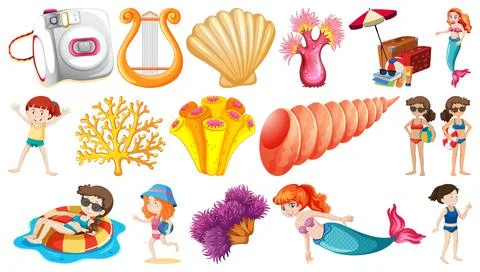 Set of summer beach objects and cartoon characters Stock Illustration