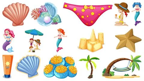 Set of summer beach objects and cartoon characters イラスト素材