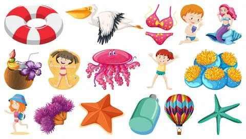 Set of summer beach objects and cartoon characters Stock Illustration