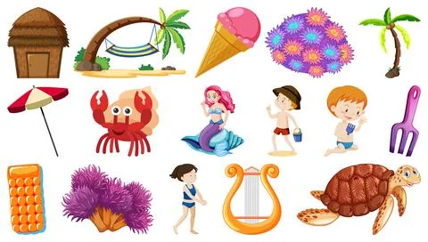 Set of summer beach objects and cartoon characters Stock Illustration