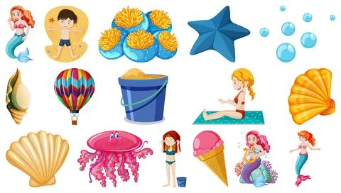 Set of summer beach objects and cartoon characters 스톡 일러스트