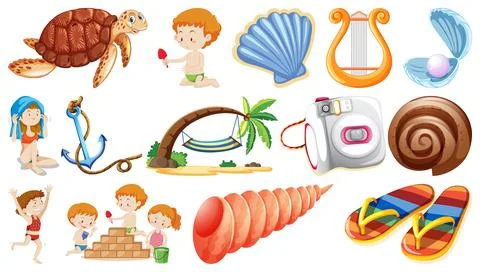 Set of summer beach objects and cartoon characters Stock Illustration