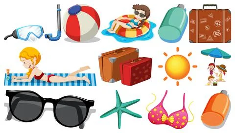 Set of summer beach objects and cartoon characters Illustrazione stock