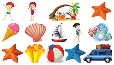 Set of summer beach objects and cartoon characters イラスト素材