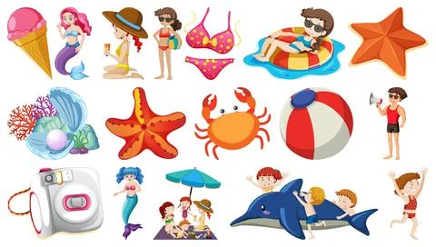 Set of summer beach objects and cartoon characters Stock Illustration