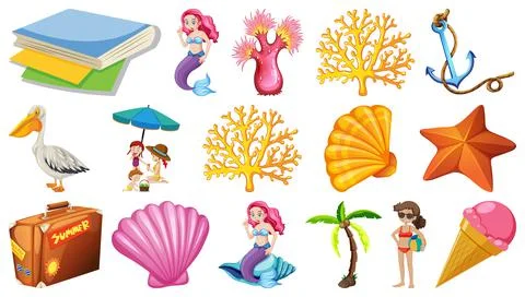 Set of summer beach objects and cartoon characters Stock Illustration