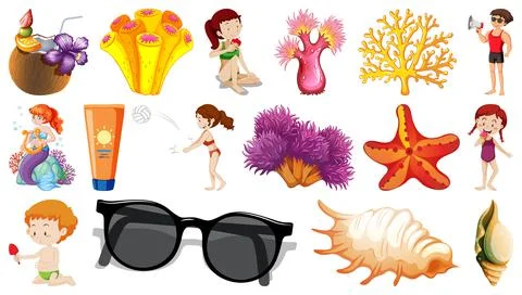 Set of summer beach objects and cartoon characters Stock Illustration