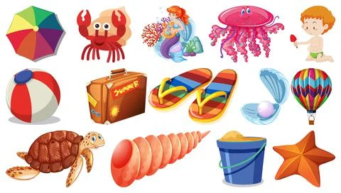 Set of summer beach objects and cartoon characters Stock Illustration