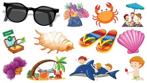 Set of summer beach objects and cartoon characters Stock Illustration