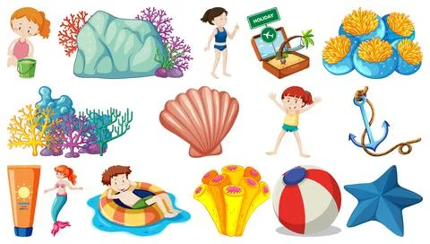 Set of summer beach objects and cartoon characters Stock Illustration