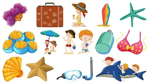 Set of summer beach objects and cartoon characters 스톡 일러스트