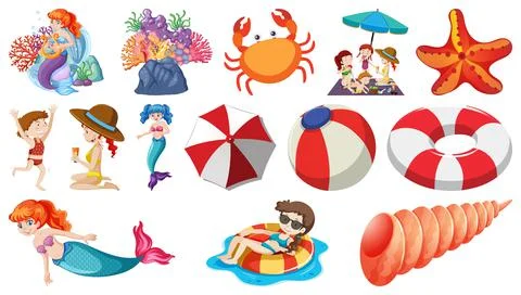 Set of summer beach objects and cartoon characters Stock Illustration