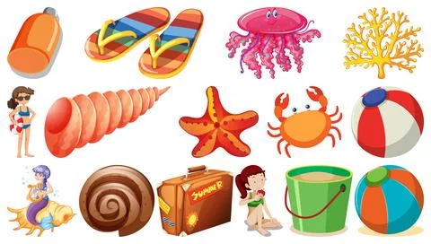 Set of summer beach objects and cartoon characters イラスト素材