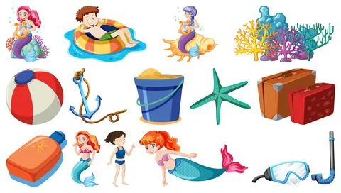 Set of summer beach objects and cartoon characters Stock Illustration