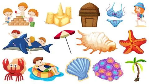 Set of summer beach objects and cartoon characters Stock Illustration