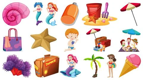 Set of summer beach objects and cartoon characters Illustrazione stock