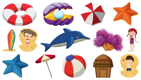 Set of summer beach objects and cartoon characters 스톡 일러스트