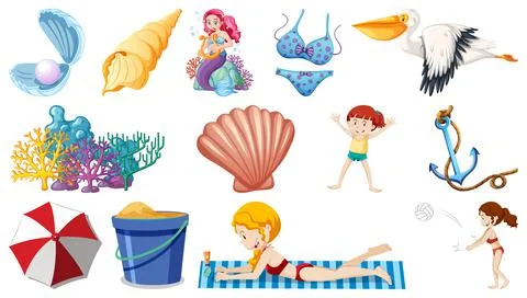 Set of summer beach objects and cartoon characters Stock Illustration
