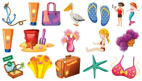 Set of summer beach objects and cartoon characters Illustrazione stock