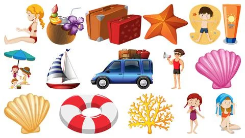 Set of summer beach objects and cartoon characters 스톡 일러스트