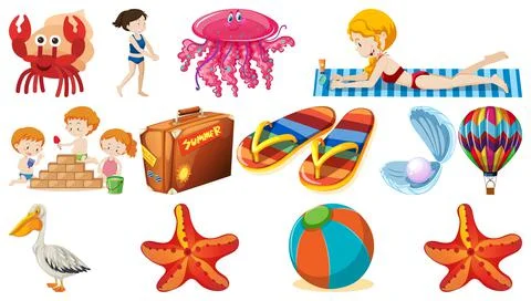 Set of summer beach objects and cartoon characters Stock Illustration
