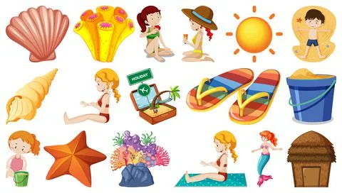 Set of summer beach objects and cartoon characters Stock Illustration