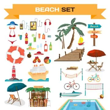 Set of summer beach objects Stock Illustration