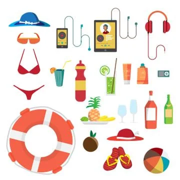 Set of summer beach objects. Summer Holidays. Hat, swimsuit, sun Stock Illustration