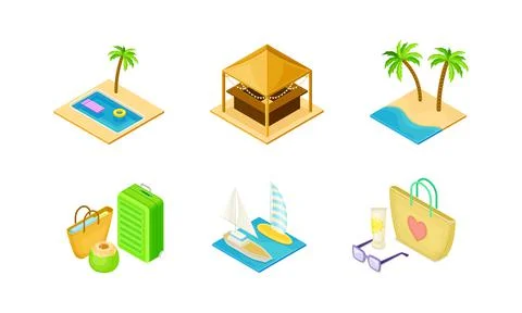 Set of summer beach objects. Swimming pool, tiki bar, suitcase, yacht vector イラスト素材