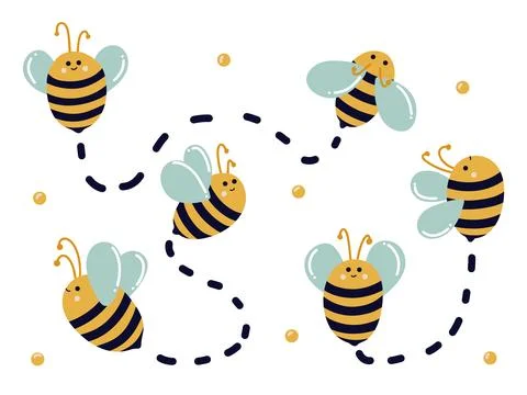 Set of summer bees in motion with honey droplets Ilustração Stock