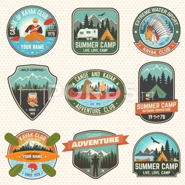 Set of summer camp, canoe and kayak club badges. Vector. Concept for patch Stock Illustration