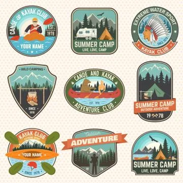 Set of summer camp, canoe and kayak club badges. Vector. Concept for patch Stock Illustration
