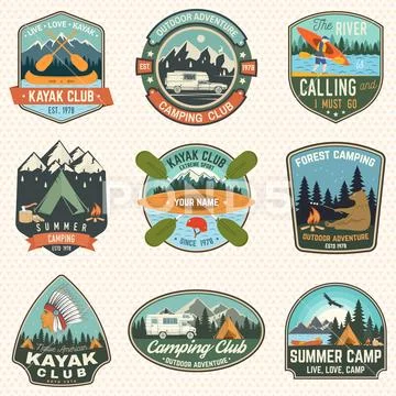 Set of summer camp, canoe and kayak club badges. Vector. Concept for patch Stock Illustration