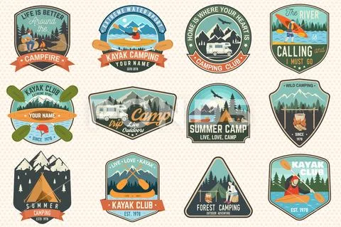 Set of summer camp, canoe and kayak club badges. Vector. Concept for patch Stock Illustration