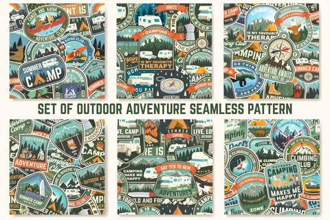 Set of Summer camp colorful seamless pattern with travel inspirational quotes Stock Illustration