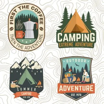 Set of Summer camp patches. Vector. Concept print, stamp, apparel or tee Stock Illustration