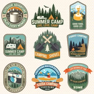 Set of Summer camp patches. Vector illustration. Concept for shirt or logo Stock Illustration