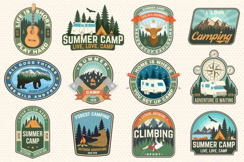 Set of Summer camp patches. Vector. Concept for shirt or logo, print, stamp Stock Illustration