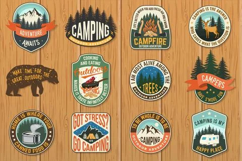 Set of Summer camp patches. Vector. Design with rv trailer, camping tent, f.. Ilustración de archivo