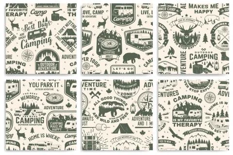 Set of summer camp seamless pattern, background. Vector. Retro typography design Stock Illustration