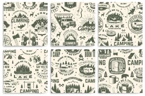 Set of summer camp seamless pattern, background. Vector. Retro typography design Stock Illustration
