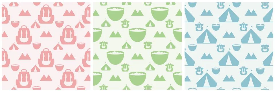 Set of Summer Camp Seamless Pattern Design of Camping and Traveling in Temp.. Stock Illustration
