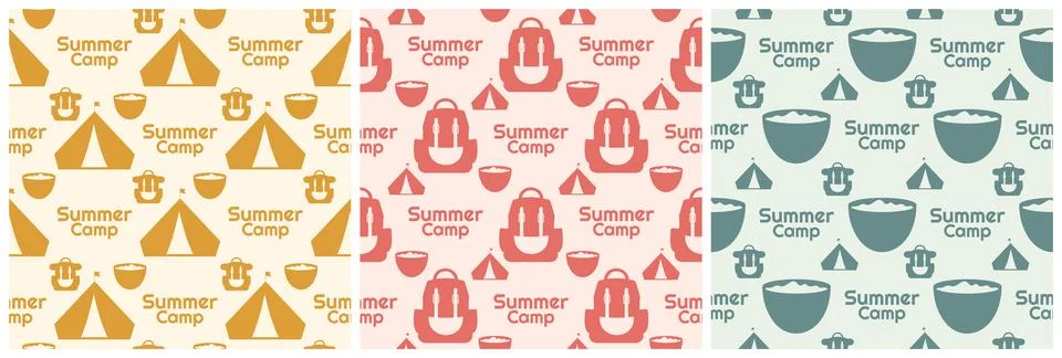 Set of Summer Camp Seamless Pattern Design of Camping and Traveling in Temp.. Stock Illustration