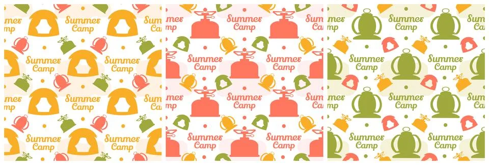 Set of Summer Camp Seamless Pattern Design of Camping and Traveling in Temp.. Stock Illustration