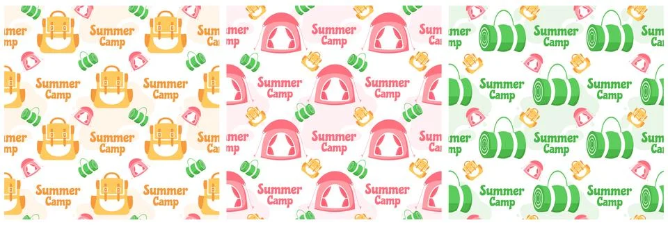 Set of Summer Camp Seamless Pattern Design of Camping and Traveling in Temp.. Stock Illustration